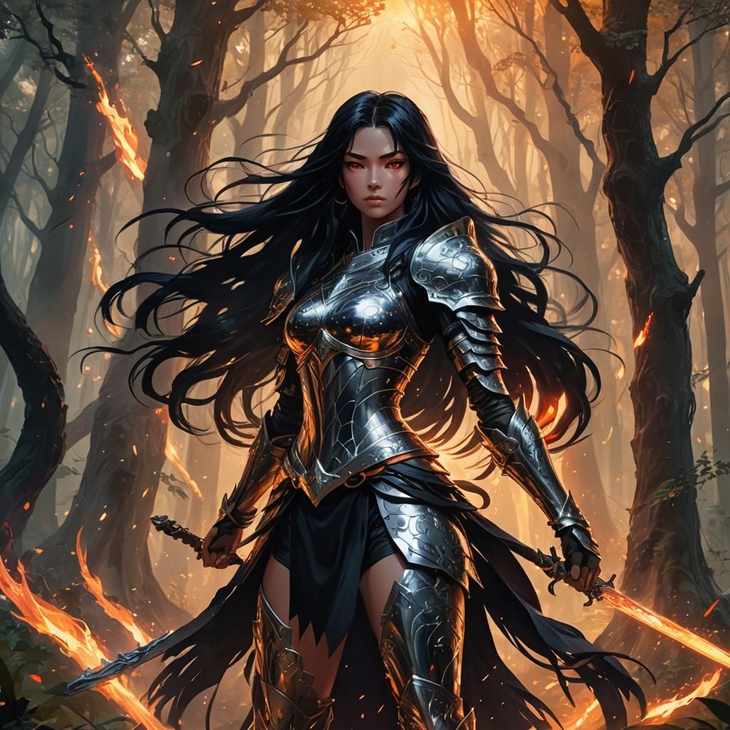 Anime Warrior Girl in Mystic Forest, Digital Painting