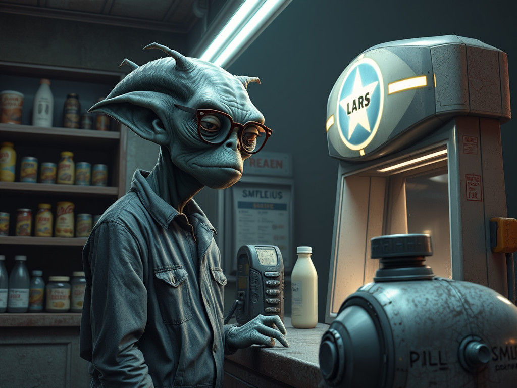 Worn-Out Alien at Retro-Futuristic Gas Station