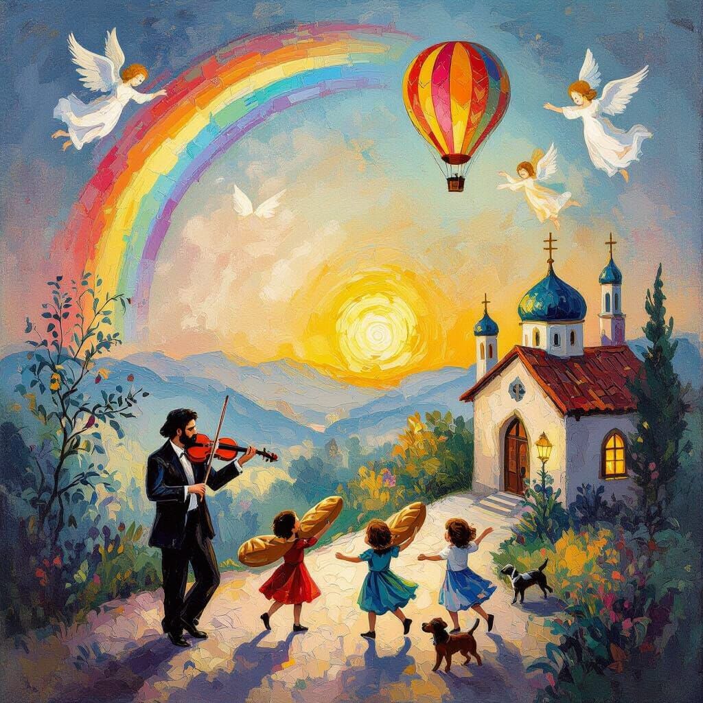 Surreal Dreamscape with Violinist, Dancing Children & Rainbo...