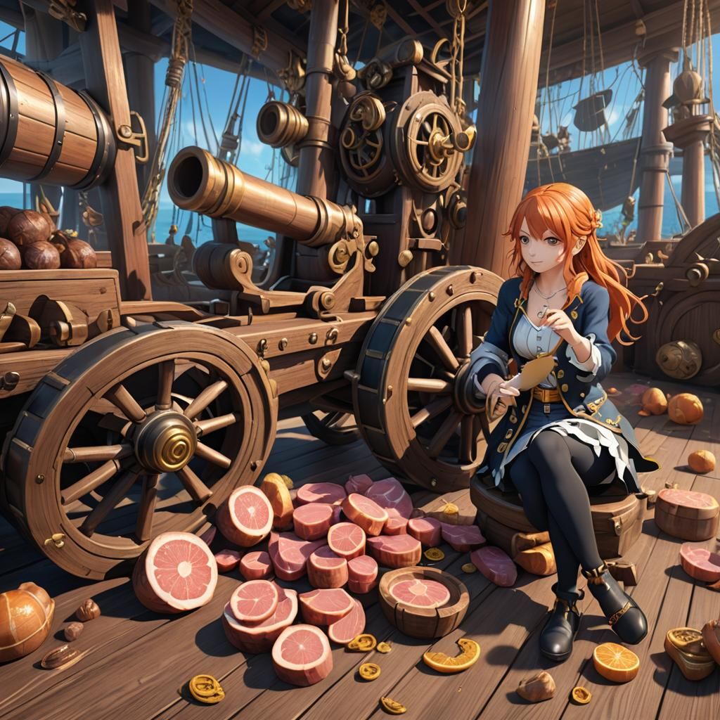 Nami on Pirate Ship with Cannon and Ham, Anime Style