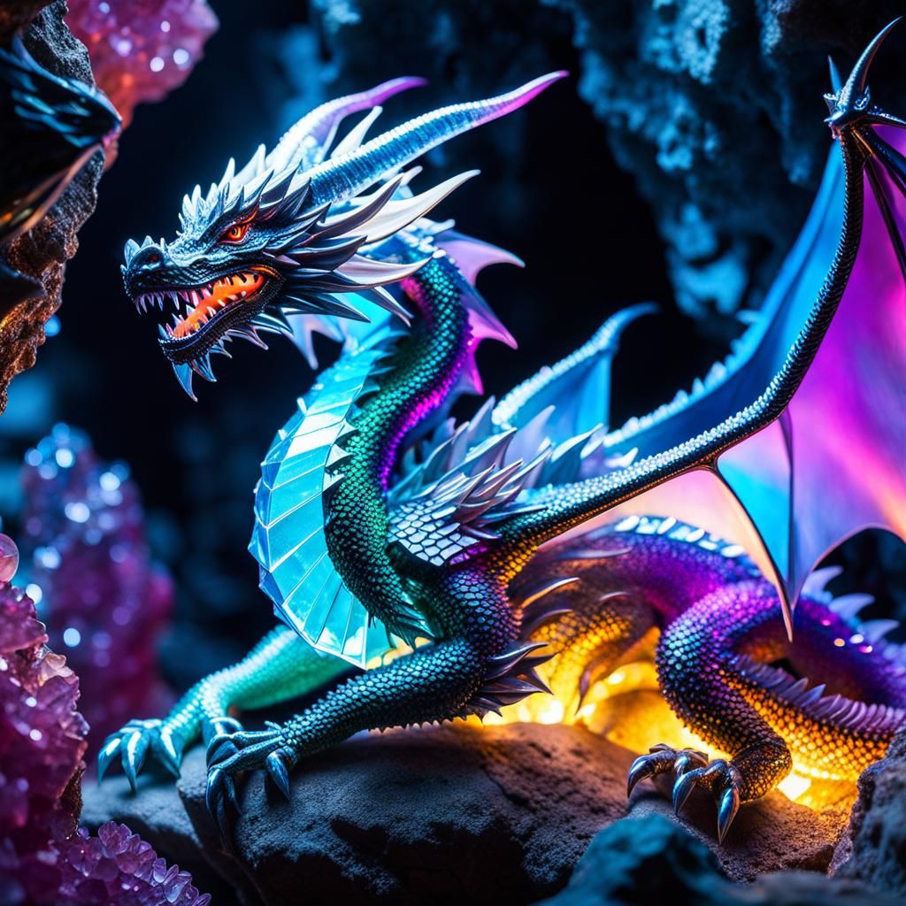 Crystal Dragon Guarding a Glowing Cave in Vivid Colors