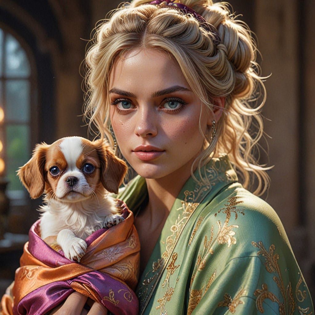 Gypsy Woman with Puppy in Detailed Matte Painting