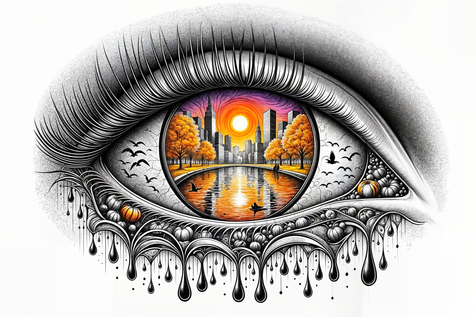 Surreal Eye: Black & White Ink, Autumn Sunset