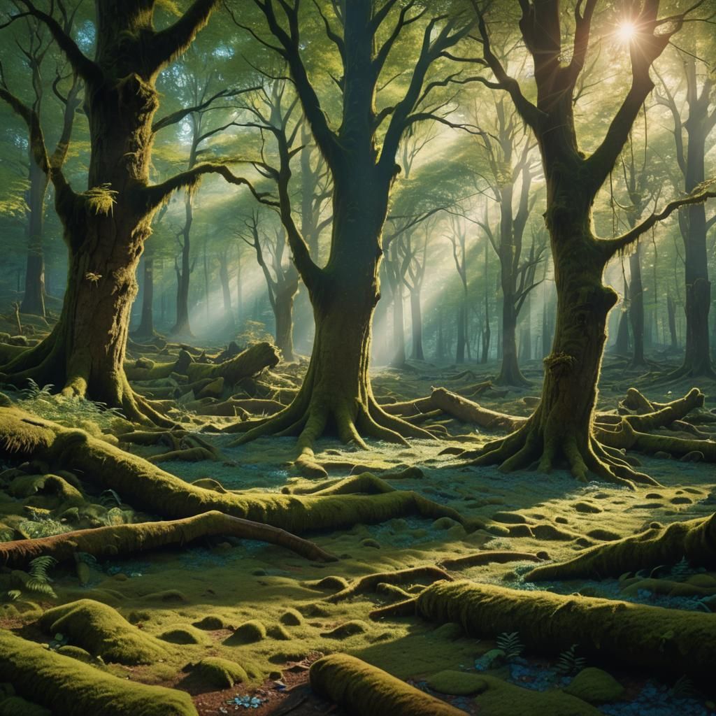 Sunlight Through Emerald Forest: Fantasy Concept Art