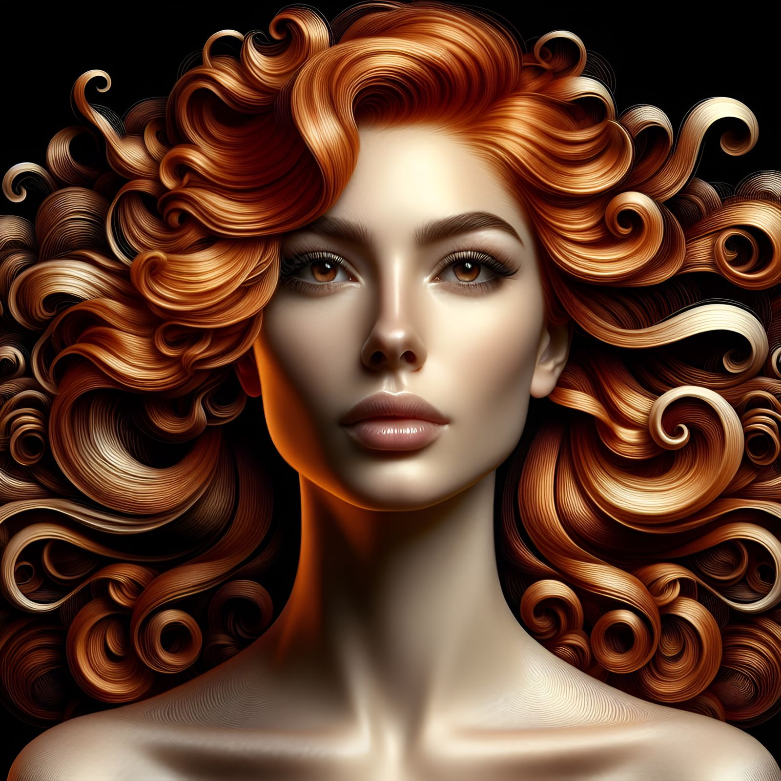 Portrait of head and shoulders, close up of redheaded woman ...
