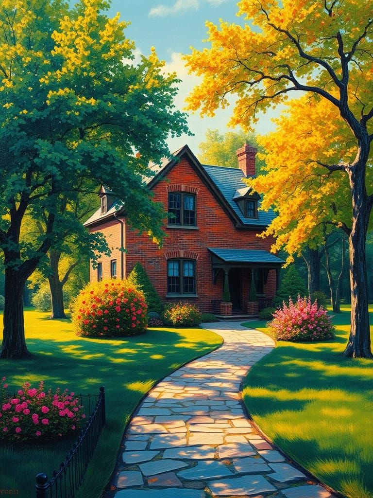 Charming Brick Colonial House in Whimsical Post-Impressionis...