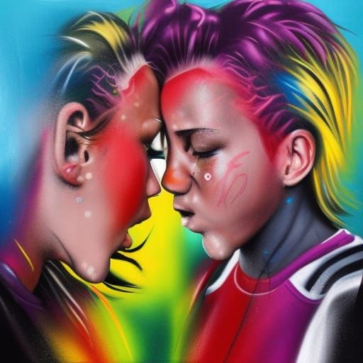 Lesbian Soccer Players Kiss in Graffiti Art Style