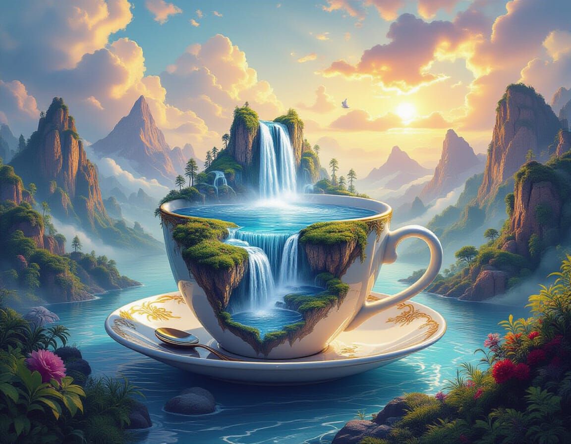 Surreal Waterfall Landscape in a Cup