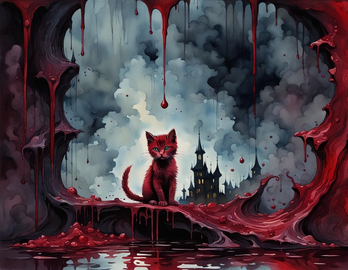 Scarlet Kitten in Crimson Shadows: Abstract Watercolor