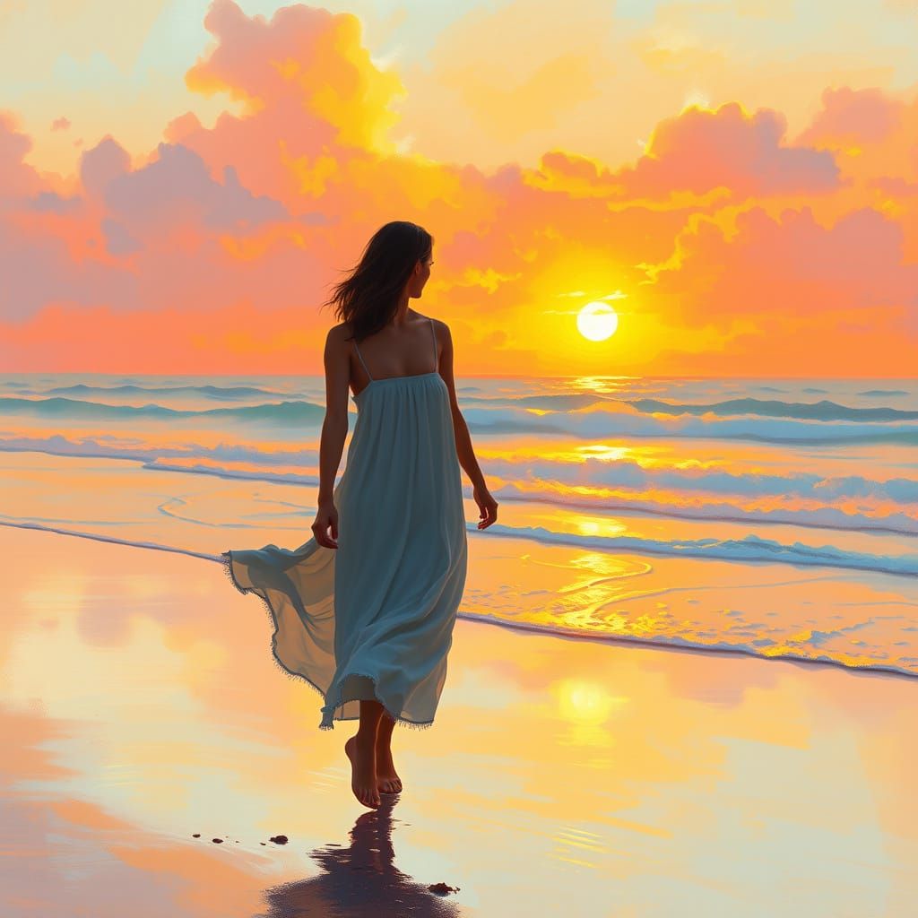 Woman on Beach at Sunset in Impressionistic Style