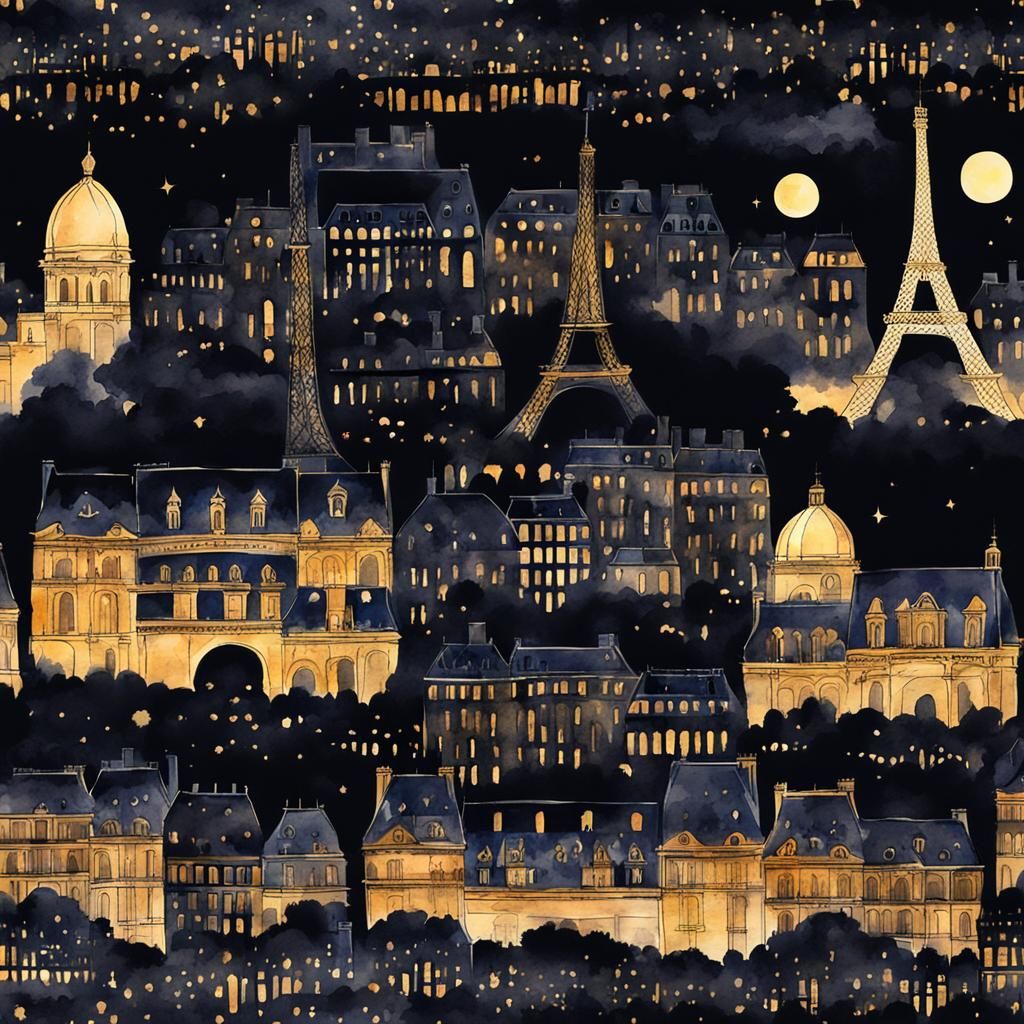 Paris Skyline in Whimsical Watercolor Style