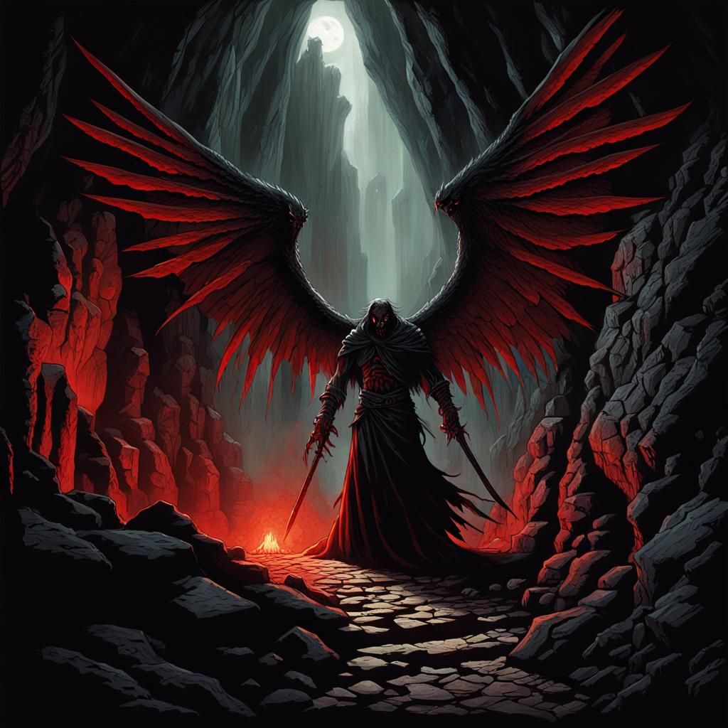 Death Angel in Malevolent Cave: Dark Fantasy Art