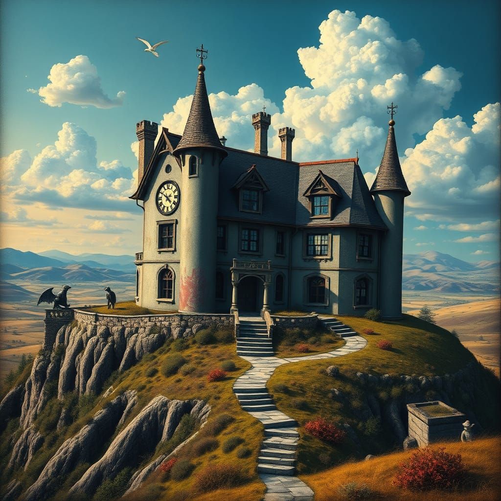 Surreal Old House Overlooking Dreamlike Landscape