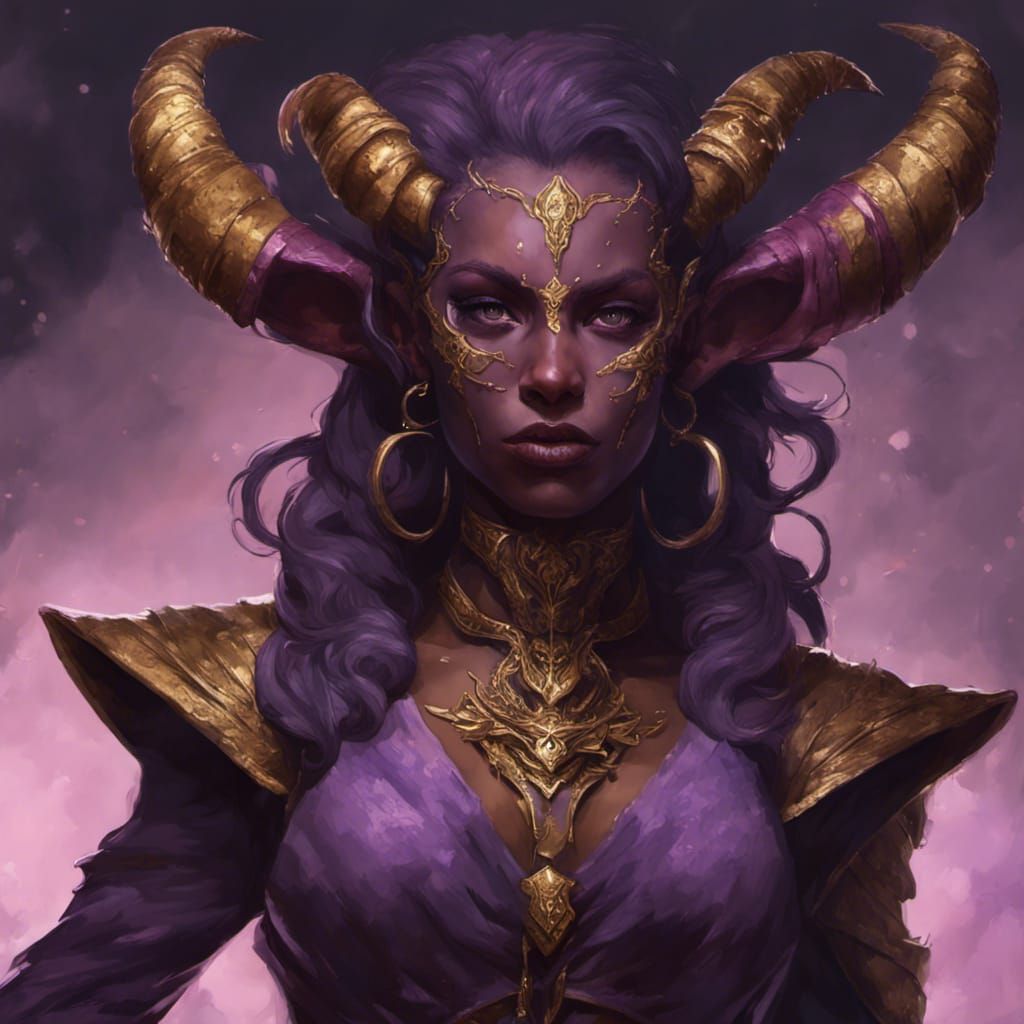 Purple Tiefling with Gold Accents in Dark Fantasy Style