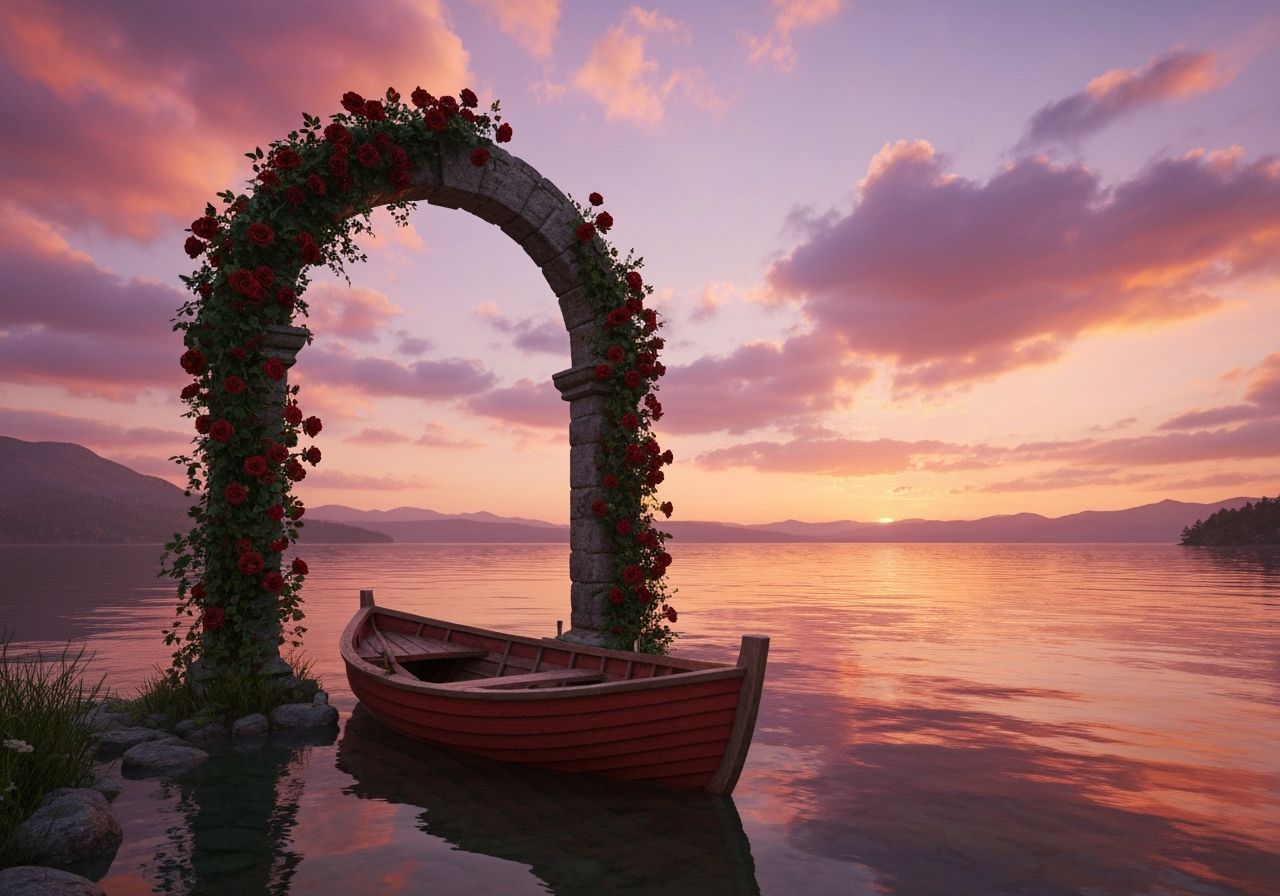 Sunset Lake Scene with Red Boat and Stone Arch