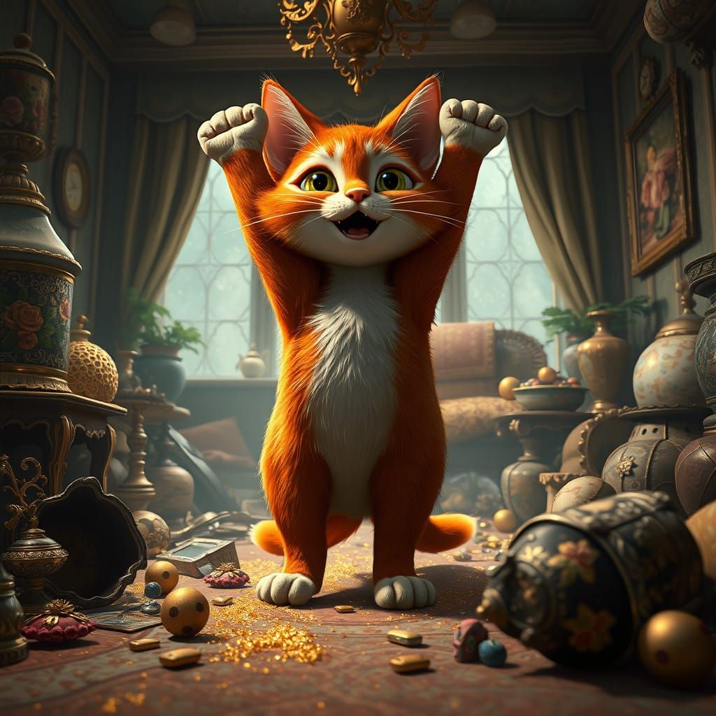 Triumphant Red-Haired Cat in Disney Pixar Style
