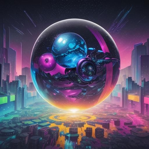 Cyberpunk City in Bubble with Jewel Stars, Graffiti Art