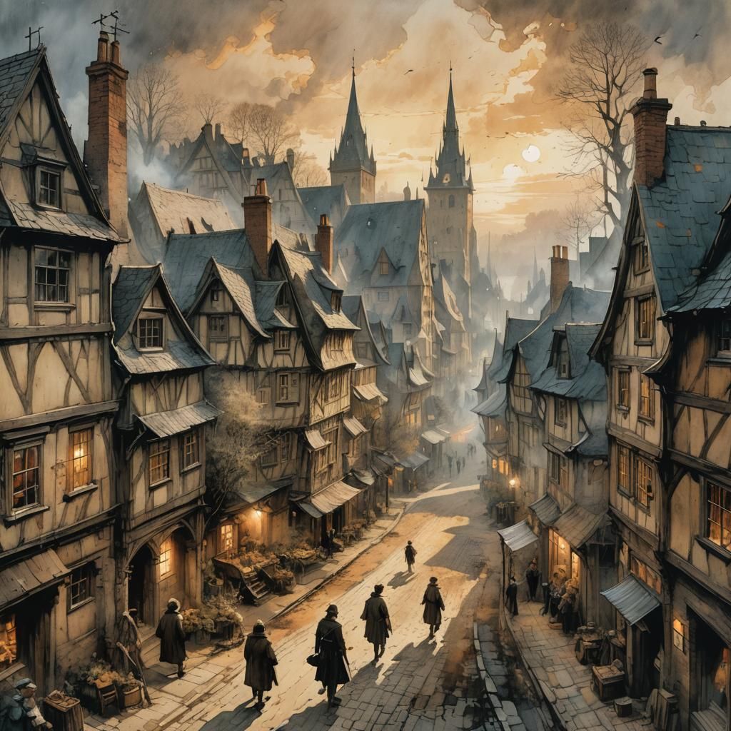 "From the chimneys, here and there, smoke, up, high, in the ...