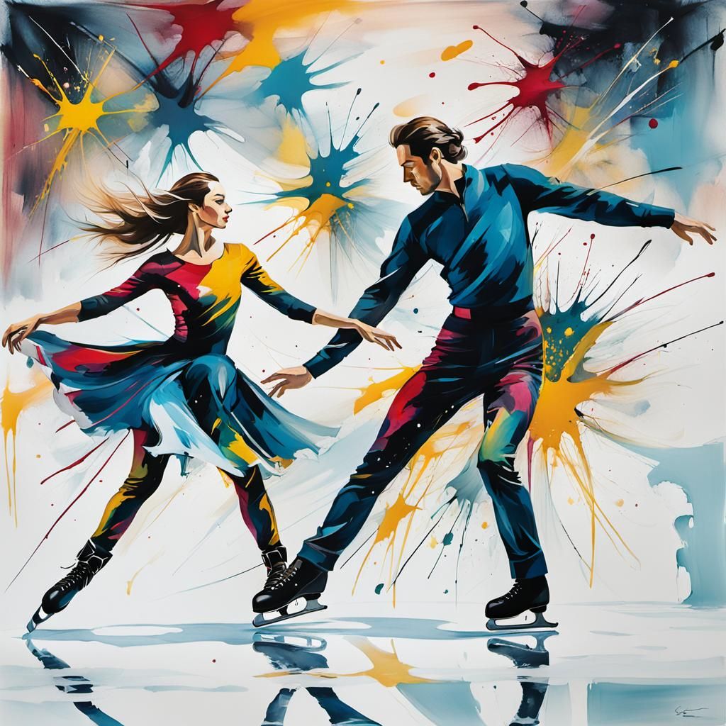 Dynamic Figure Skaters in Abstract Expressionism Style