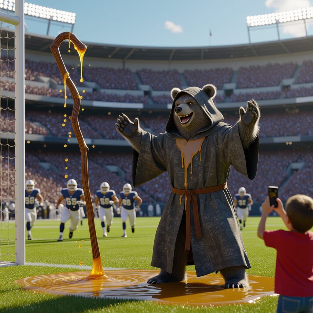 Bear Wizard Drips Honey On Football Field