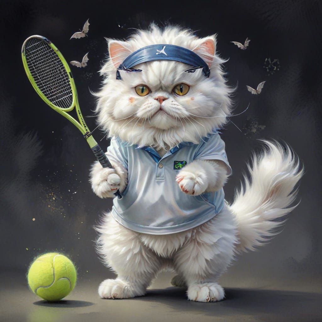 Persian Cat Tennis Player in Watercolor Style