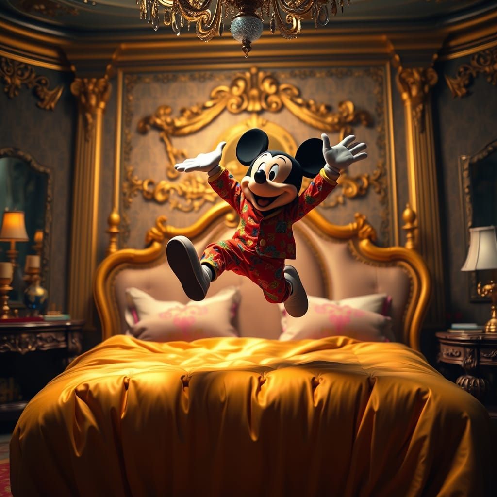 Mickey Mouse in Vibrant Pajamas, Surrounded by Lavish Disney...