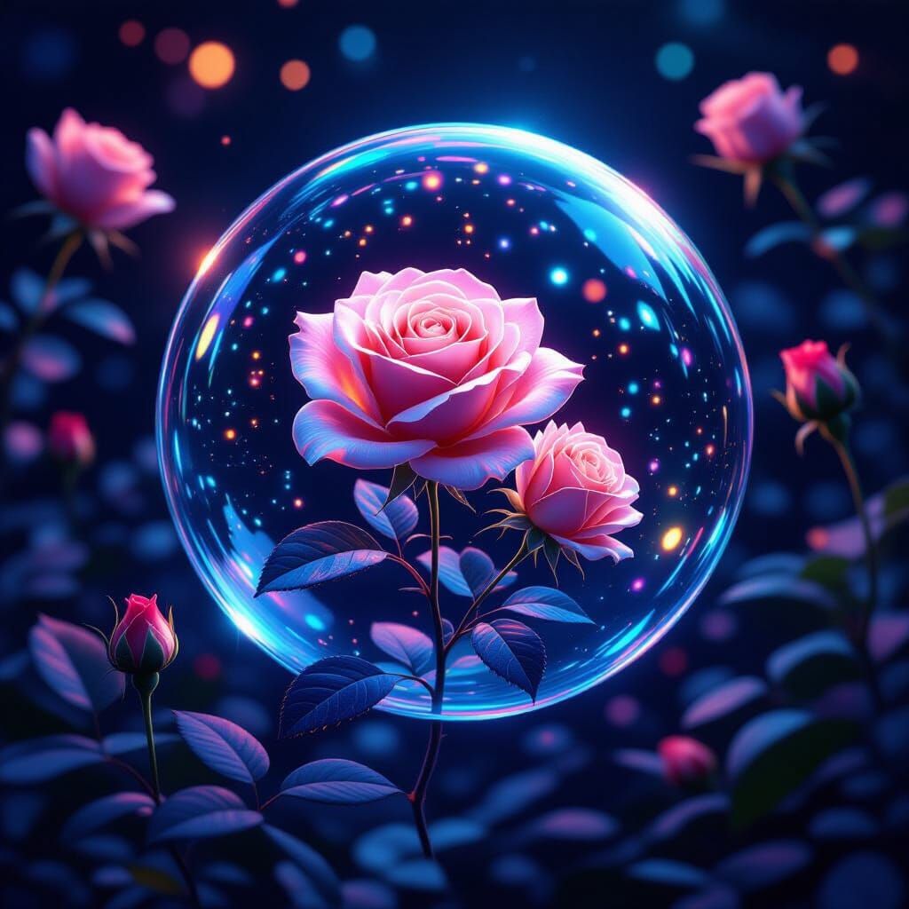 Bioluminescent Roses in a Futuristic Fantasy Bubble