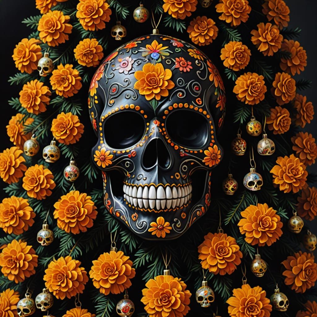 Macabre Christmas Tree Adorned with Sugar Skulls