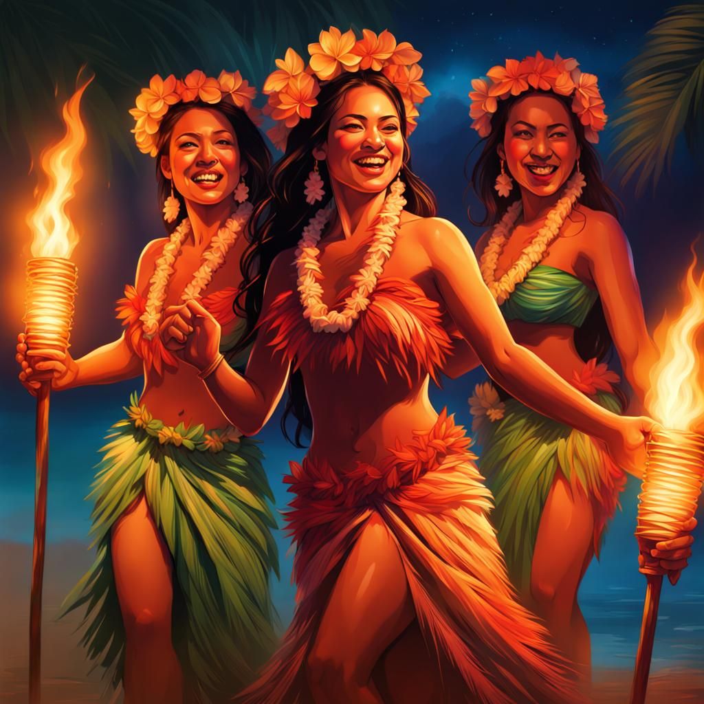 Hyperrealistic Hula Dancers with Tiki Torches