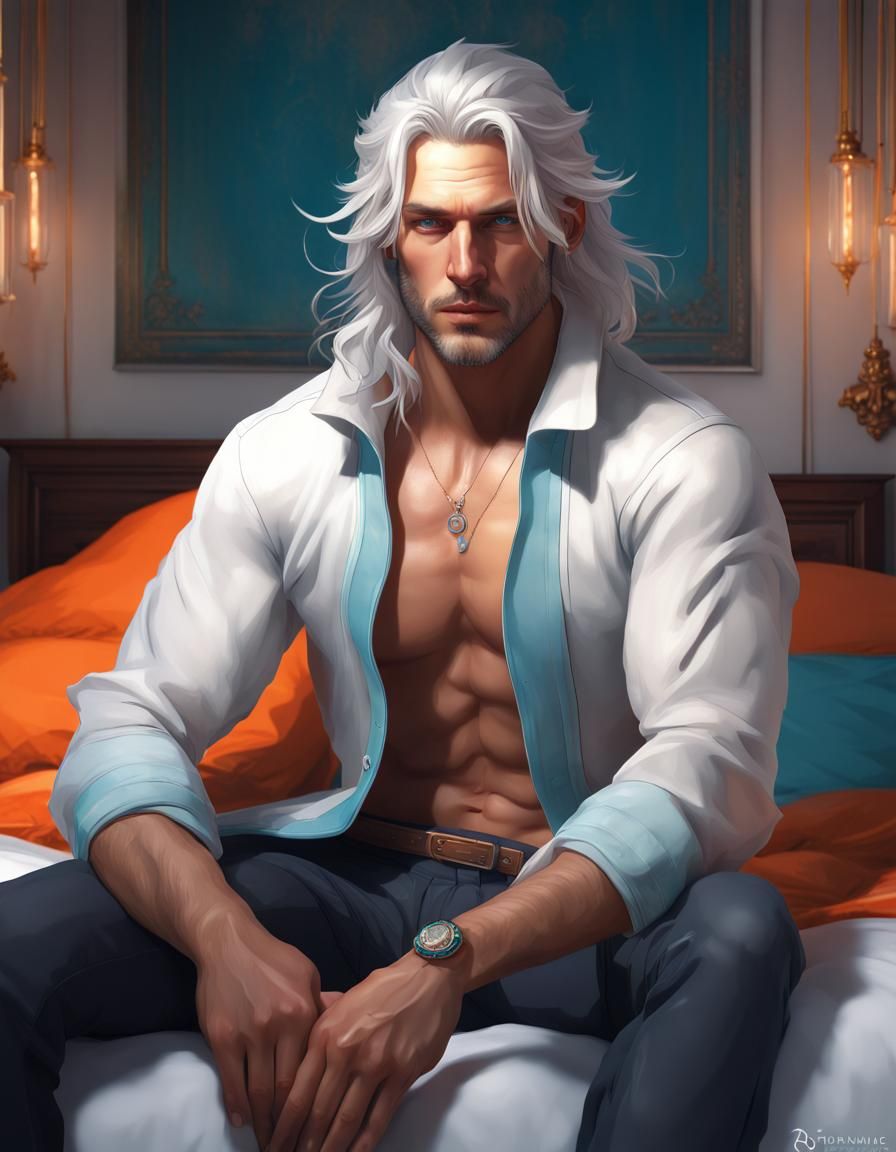 Attractive Male with White Hair, Hyperdetailed Concept Art