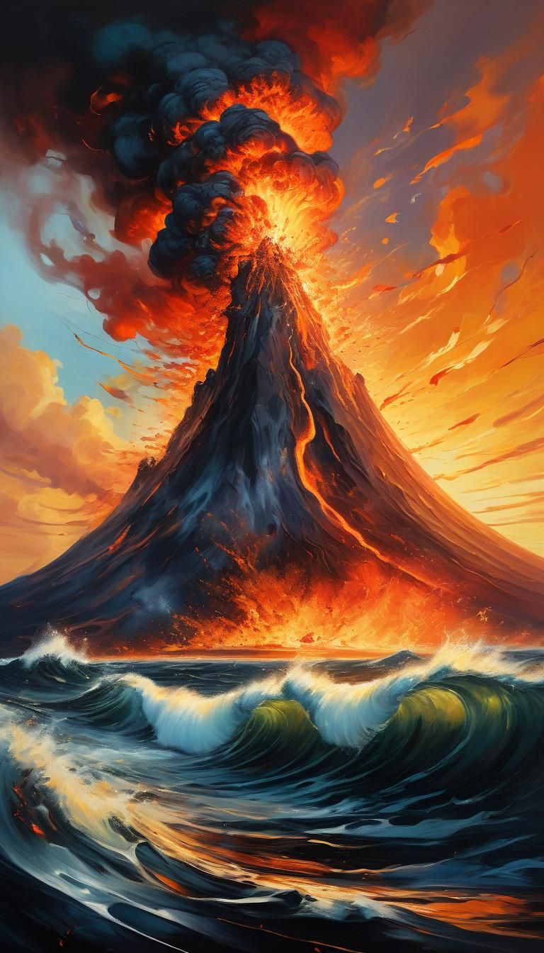 Surreal Volcano Eruption in Expressionist Oil Painting