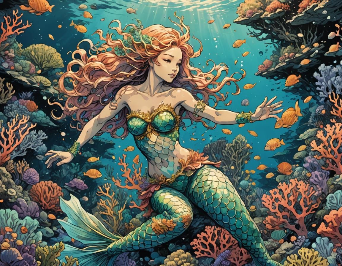 Mermaid in Coral Reef: Manga-Inspired Ink Sketch