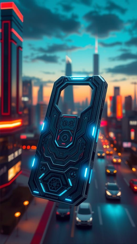 Sleek Futuristic Smartphone in Neon Cityscape