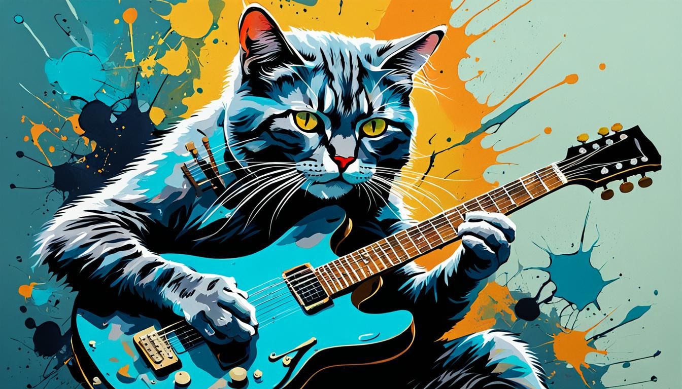 Old Cat Playing Guitar in Abstract Expressionism