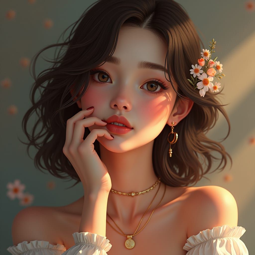 Serene Portrait with Floral Accents in Matte Painting Style