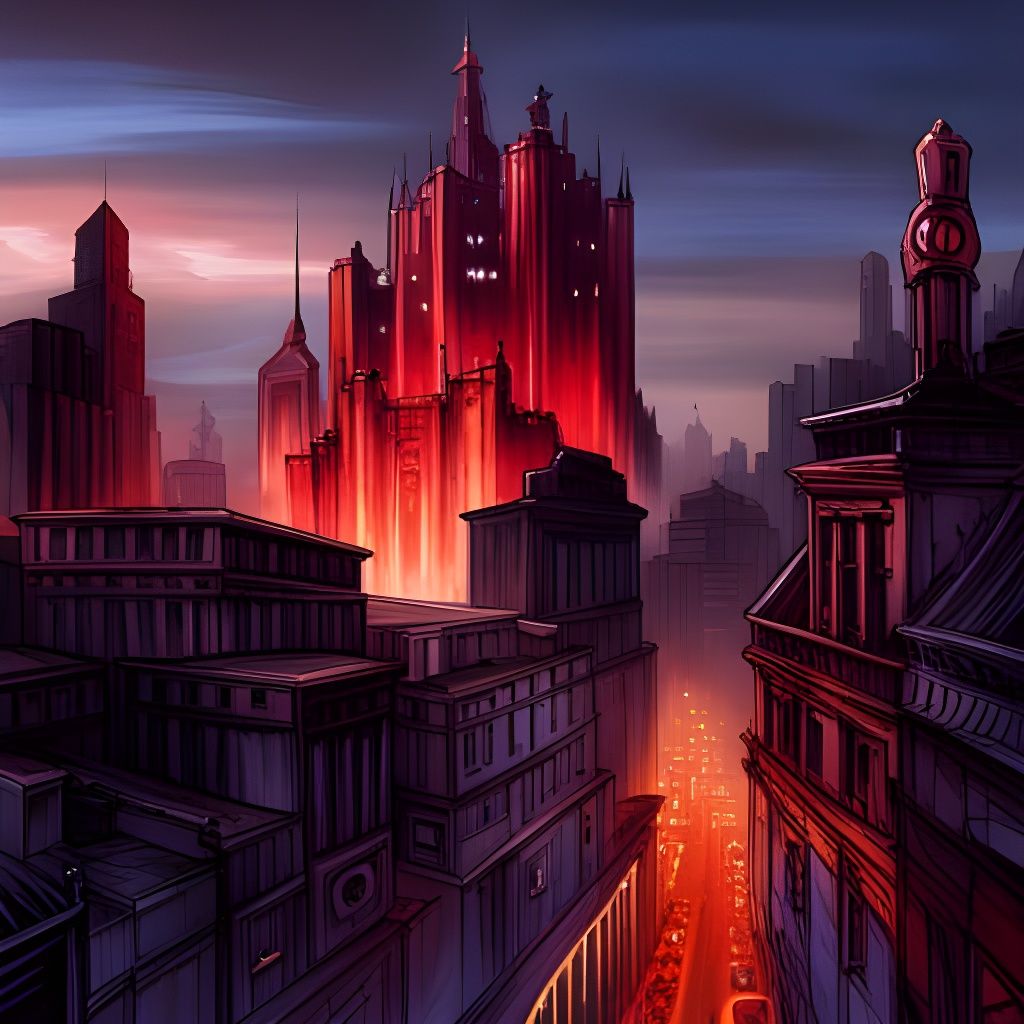 Crimson Palace Lunarpunk Illustration Above Sleepy City