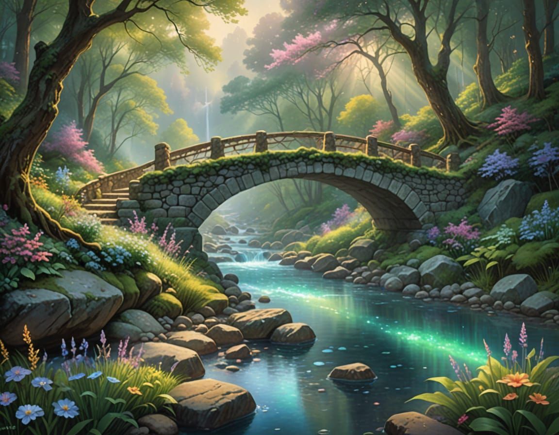 Ethereal River Flows Under Ancient Forest Bridge
