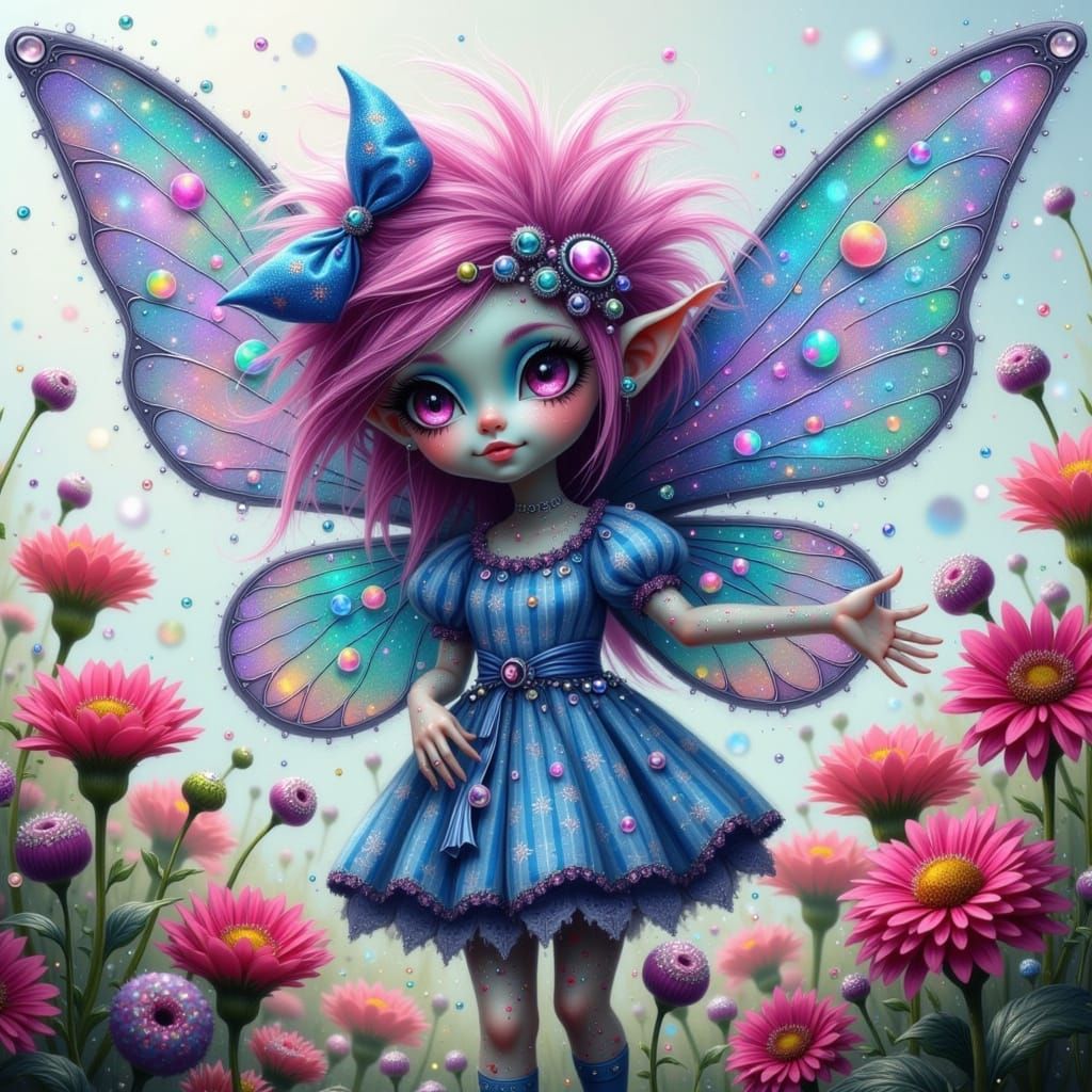 Whimsical Berry Monster in Vibrant Gingham, Flapping Opalesc...