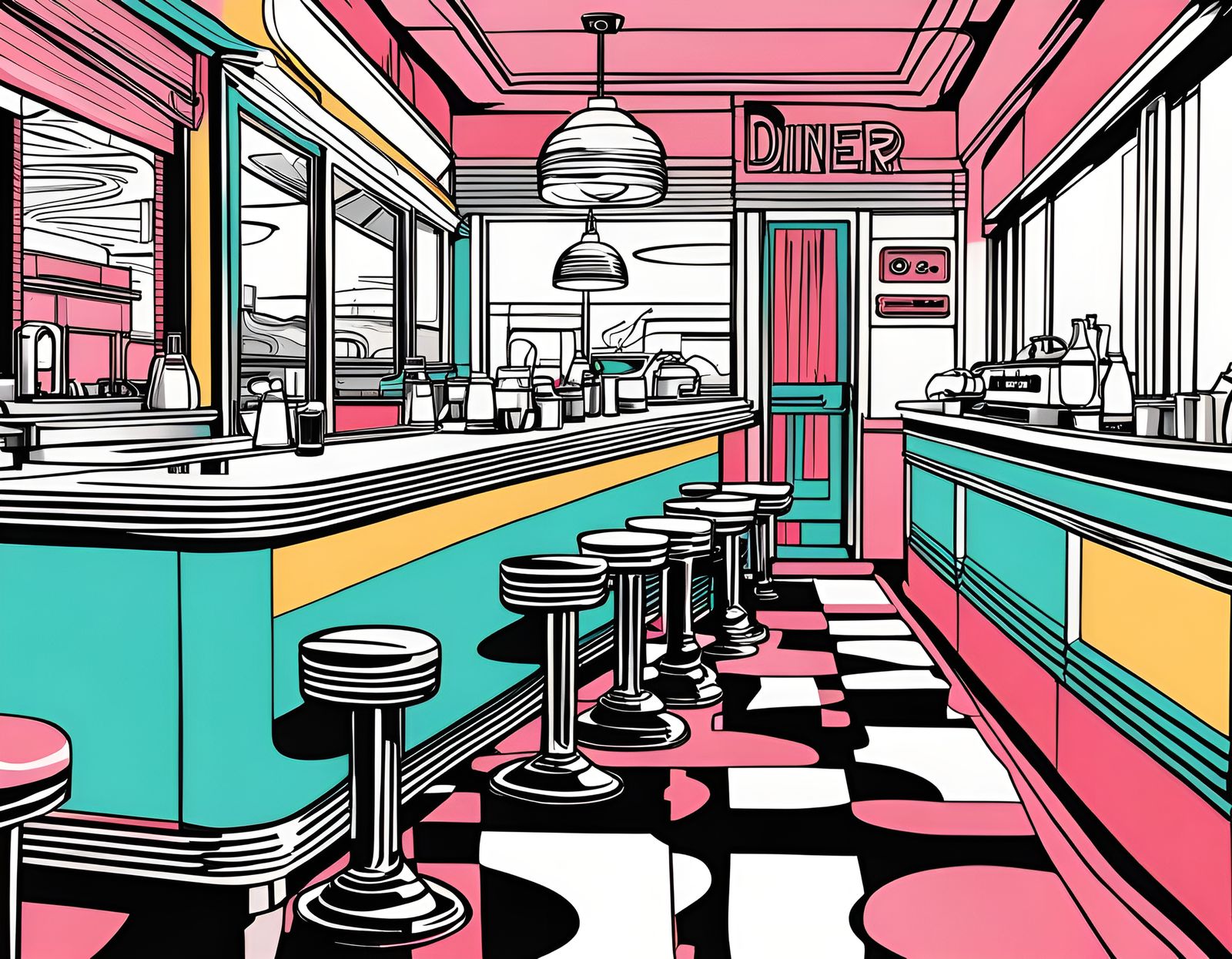 Colorful 50s Diner in Digital Line Art Style