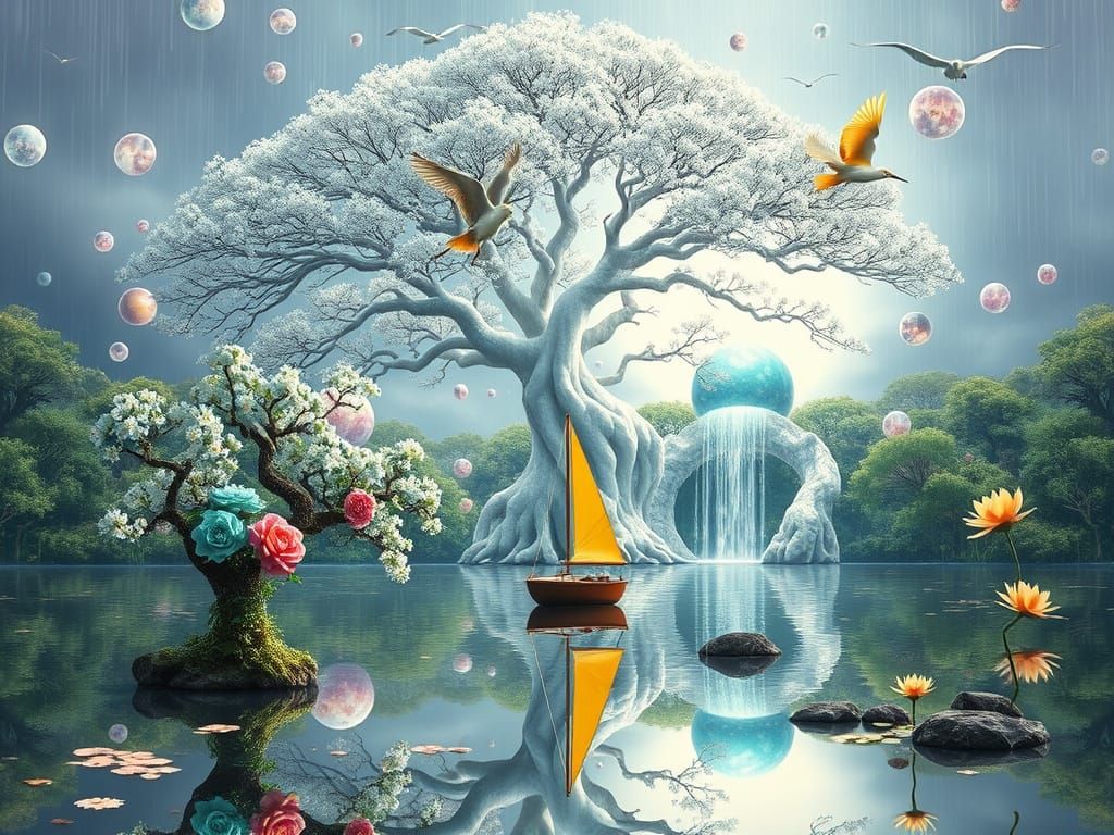 Surreal Bonsai Tree of Life with Crystal Spheres