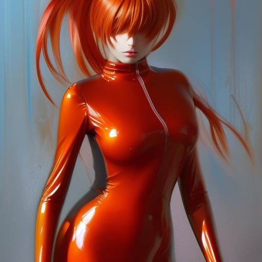 Asuka Langley in Latex Plugsuit, Hyperrealistic Portrait