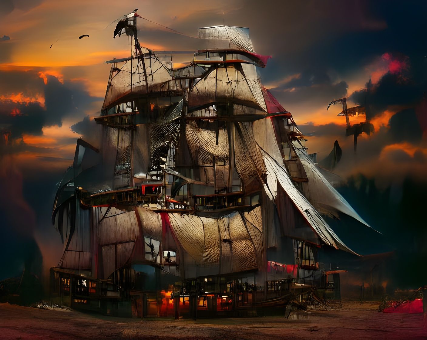 Pirate Ship in Golden Age Illustration Style