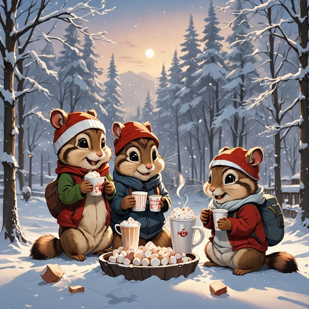 Chipmunks Enjoying Winter Hot Chocolate in Anime Style