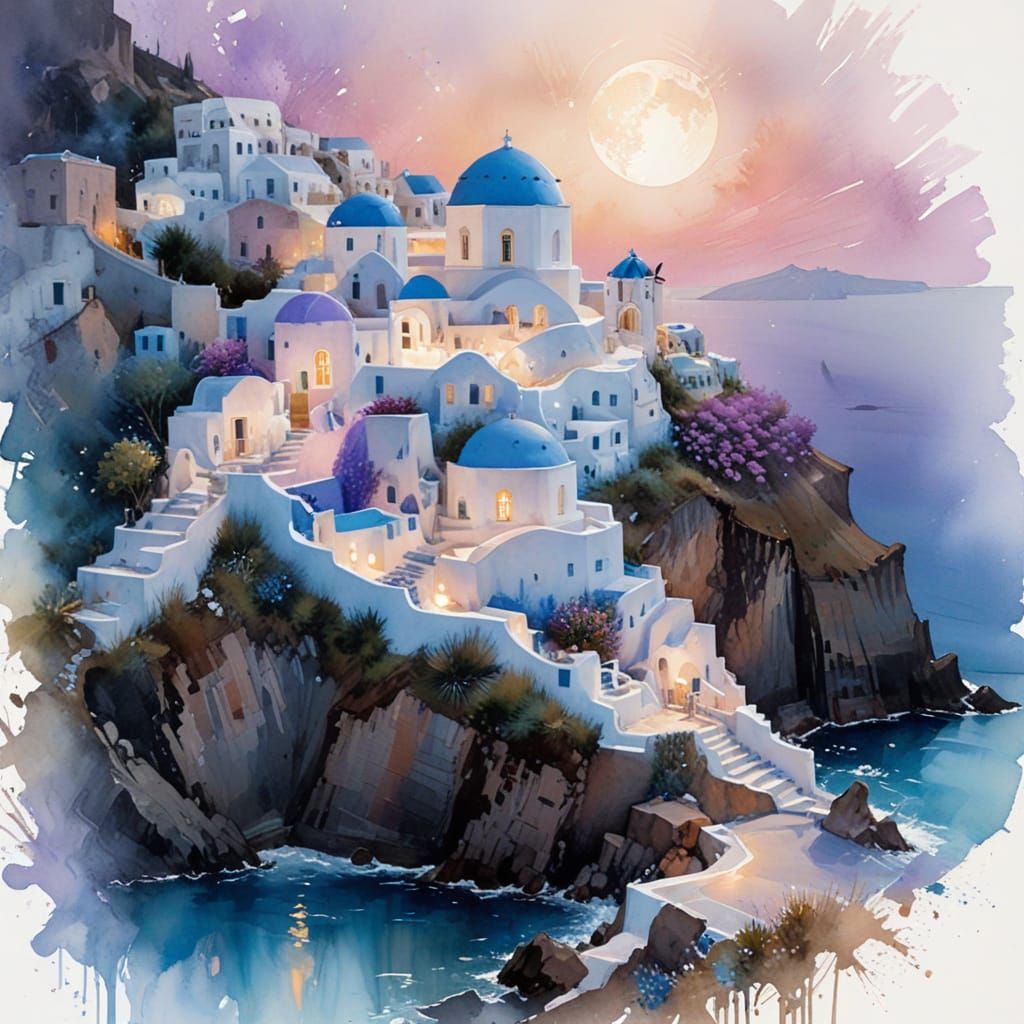 Moonlit Santorini in Luminous Gouache Style