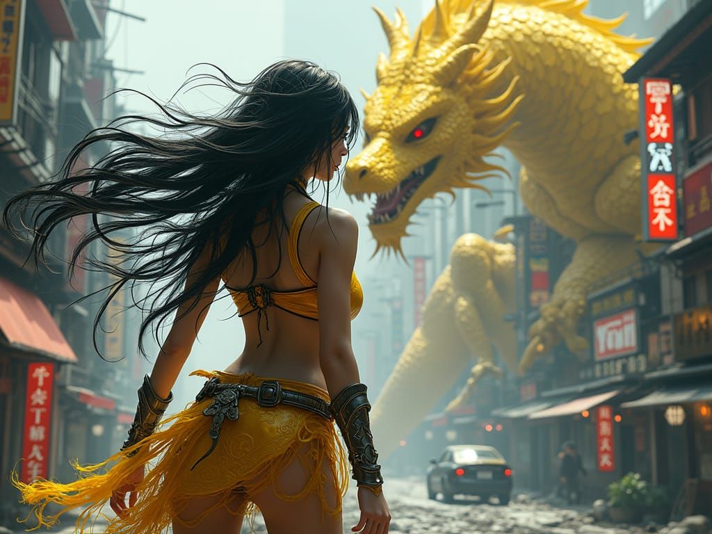 Asian Warrior Queen Battles Dragon in Dystopian Tokyo
