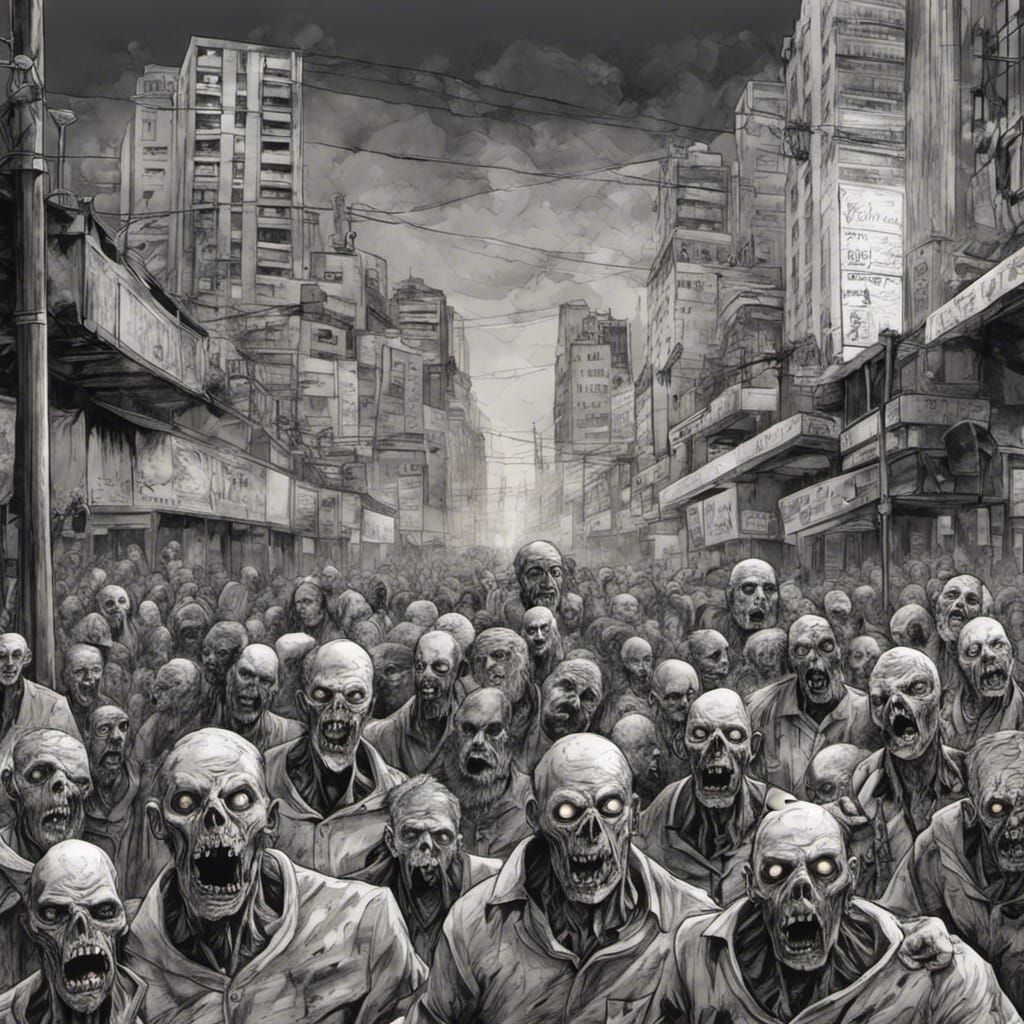 Terrifying Zombies in Dystopian City: Ink Drawing
