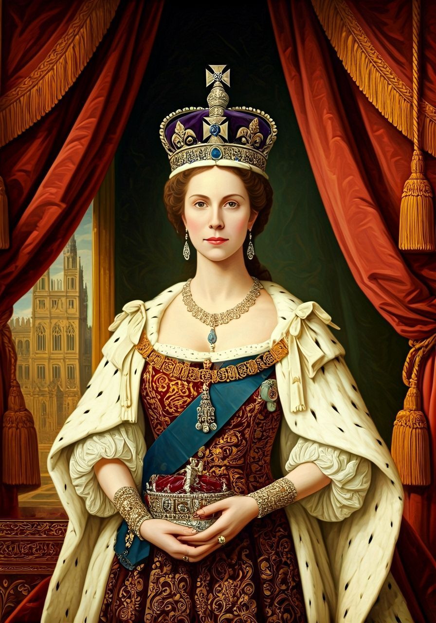Queen's Coronation Portrait in Tudor Palace Setting