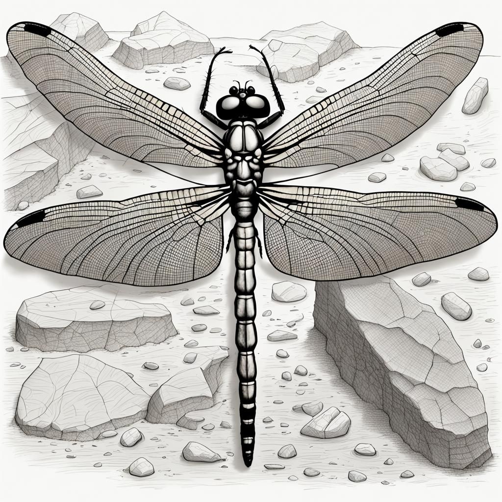Fossilized Dragonfly Diagram in Grayscale