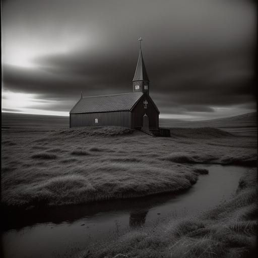Icelandic Church in Duotone Lith Print Style