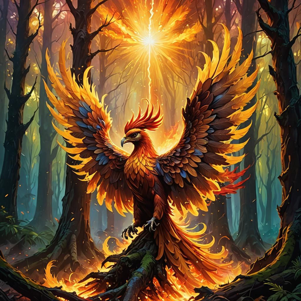 Phoenix Rising in Mystical Forest, Fantasy Nouveau
